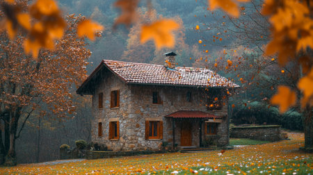 Traditional stone house located in the countryside, water drops falling from tree leaves, calm morning light generative aiの素材