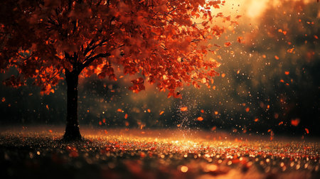 trees water drops falling from it, warm colors, beautiful generative aiの素材