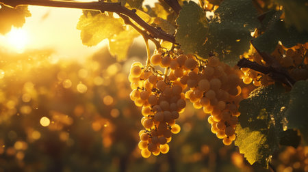 Vineyard grape branch with ripe clusters of grapes, countryside at golden hour generative aiの素材