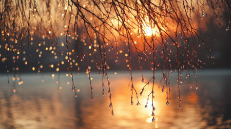 Rain-soaked willow branches dripping water, reflecting the warm hues of sunset, tranquil riverbank generative aiの素材