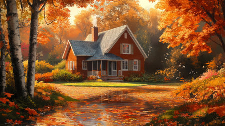 Quaint farmhouse surrounded by autumn trees, water drops glistening on leaves, soft and warm tones generative aiの素材