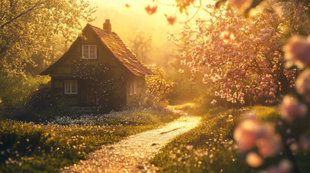 Rustic farmhouse with a garden path, delicate water drops on blooming flowers, golden hour ambiance generative aiの素材