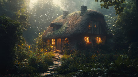 Picturesque farmhouse with a thatched roof, surrounded by lush greenery, sparkling water drops in the air, soft lighting, generative aiの素材