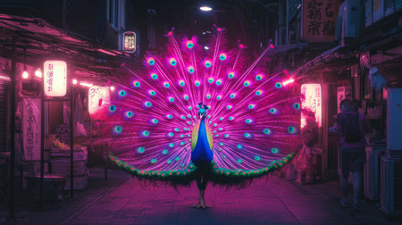 Peacock with holographic patterns on its tail feathers, illuminated by futuristic city lights generative aiの素材