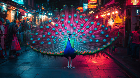 Peacock with holographic patterns on its tail feathers, illuminated by futuristic city lights generative aiの素材