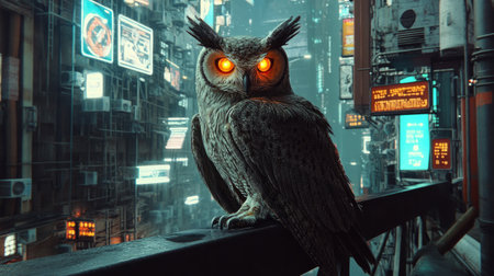 Owl with bright orange eyes perched on a steel beam generative aiの素材