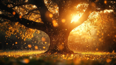 Majestic oak tree with glistening water drops falling from its branches, warm golden sunlight filtering through leaves generative aiの素材