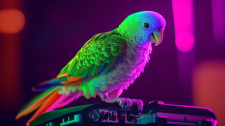 Parrot with bioluminescent feathers that glow in vibrant neon green and purple colors, perched on a drone generative aiの素材