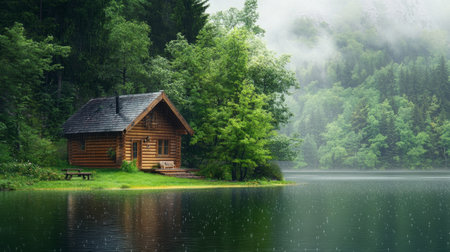 Log cabin style country house near a lake, soft drops of water falling from the roof generative aiの素材
