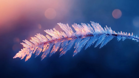 Frozen branch with frost crystals glistening, early morning light generative aiの素材