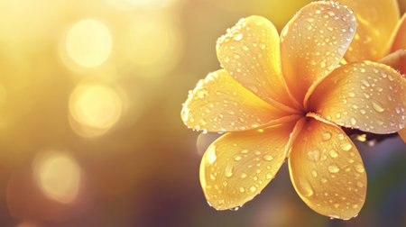 Golden yellow frangipani flower with subtle water drops and soft sunlight, warm tropical background generative aiの素材