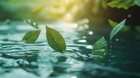 Loose green leaves floating gently in the air with shiny water drops, sunlit background generative aiの素材