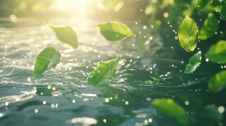 Loose green leaves floating gently in the air with shiny water drops, sunlit background generative aiの素材
