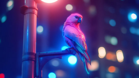Exotic bird with neon feathers glowing in a cyberpunk city, perched on a futuristic street lamp generative aiの素材