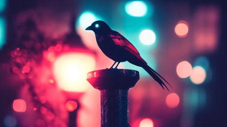 Exotic bird with neon feathers glowing in a cyberpunk city, perched on a futuristic street lamp generative aiの素材