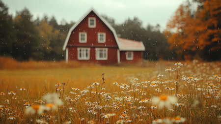 Classic farmhouse with a red barn in the distance, water drops on nearby wildflowers, warm autumn colors. generative aiの素材