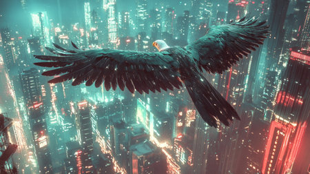 Eagle with cyber-enhanced wings soaring over a glowing futuristic city at night generative aiの素材