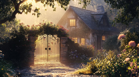 Cottage-style country home with a garden gate, water drops creating a shimmering effect on plants, warm evening light, generative aiの素材