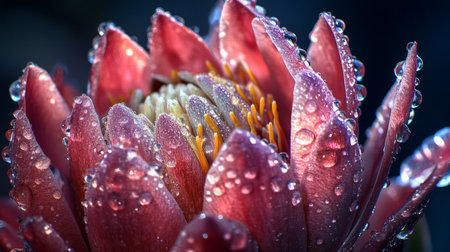 Close-up of a rare protea flower with intricate textures, water droplets enhancing its dramatic look generative aiの素材