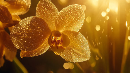 Closeup of a vibrant orchid with water drops shining under soft golden light, exotic tropical atmosphere generative aiの素材