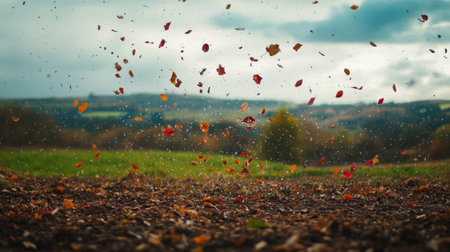Colorful mix of autumn leaves falling through the air, scattered raindrops adding brightness and tranquil countryside views. generative aiの素材