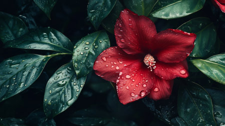 Delicate red ginger flower with water drops on its glossy petals, surrounded by lush green leaves, tropical aesthetic generative aiの素材