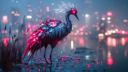 Cyber-enhanced crane with glowing silver and red feathers, standing in a neon-lit pond, futuristic city in the distance generative aiの素材