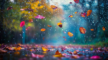 Colorful mix of autumn leaves falling through the air, scattered raindrops adding brightness and tranquil countryside views. generative aiの素材