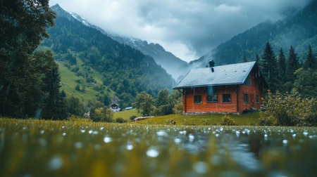 Country house by the mountains, water drops from a recent rainstorm, vibrant natural landscape, generative aiの素材