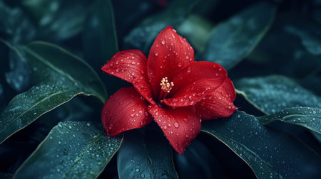 Delicate red ginger flower with water drops on its glossy petals, surrounded by lush green leaves, tropical aesthetic generative aiの素材