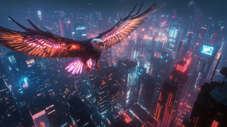 Eagle with cyber-enhanced wings soaring over a glowing futuristic city at night generative aiの素材