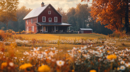 Classic farmhouse with a red barn in the distance, water drops on nearby wildflowers, warm autumn colors. generative aiの素材