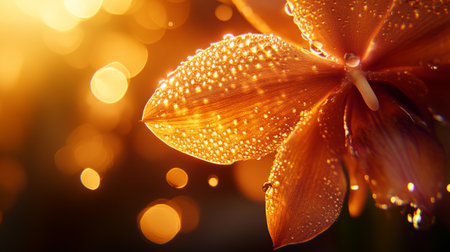 Closeup of a vibrant orchid with water drops shining under soft golden light, exotic tropical atmosphere generative aiの素材
