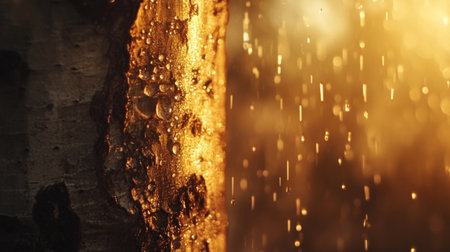 Close-up of a birch tree trunk with dewdrops sliding down, soft warm colors, serene forest setting generative aiの素材