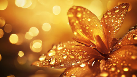 Closeup of a vibrant orchid with water drops shining under soft golden light, exotic tropical atmosphere generative aiの素材
