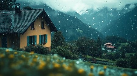 Country house by the mountains, water drops from a recent rainstorm, vibrant natural landscape, generative aiの素材
