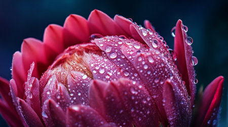 Close-up of a rare protea flower with intricate textures, water droplets enhancing its dramatic look generative aiの素材