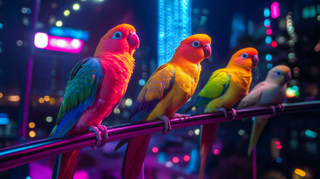 A group of exotic birds glowing in vibrant neon colors, perched on the balcony of a skyscraper. generative aiの素材
