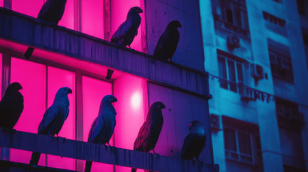 A group of exotic birds glowing in vibrant neon colors, perched on the balcony of a skyscraper. generative aiの素材