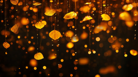 Aspen leaves shimmering as they descend, illuminated by a warm golden glow, scattered raindrops enhancing their beauty, generative aiの素材