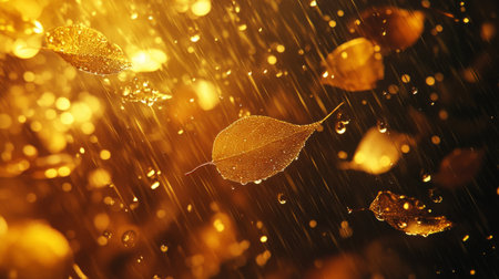 Aspen leaves shimmering as they descend, illuminated by a warm golden glow, scattered raindrops enhancing their beauty, generative aiの素材