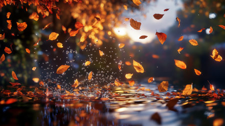 Autumn leaves of various shades scattered mid-air, shimmering water droplets creating a magical effect, cozy evening tones, generative aiの素材