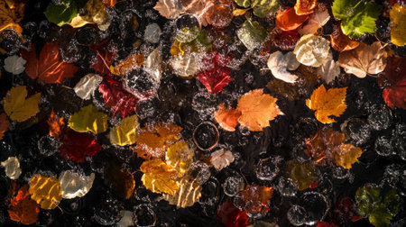 Autumn leaves of various shades scattered mid-air, shimmering water droplets creating a magical effect, cozy evening tones, generative aiの素材