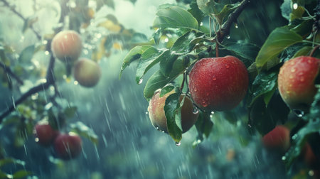 Apple tree laden with fruit, water drops clinging to ripe apples and leaves, soft countryside setting generative aiの素材