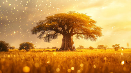 Ancient baobab tree surrounded by a golden savanna, water droplets shimmering on its thick bark after a gentle rain generative aiの素材