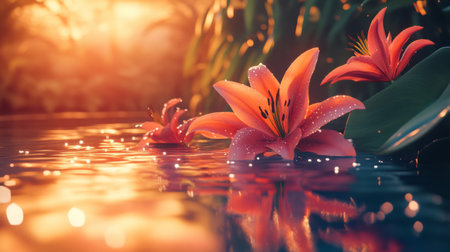 Brightly colored exotic lilies with subtle water droplets reflecting warm sunlight, luxurious aesthetic generative aiの素材