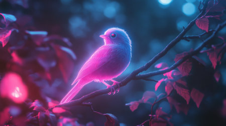 Bird with translucent feathers that glow pink and blue, perched on a neon tree branch in a forest generative aiの素材