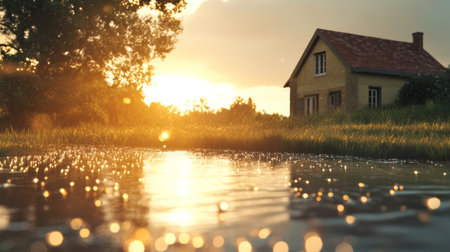 Charming rural house under a clear sky, water drops reflecting the sunlight, quiet and warm. generative aiの素材