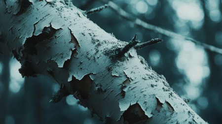 Birch tree branch with peeling white bark, tranquil forest background, generative aiの素材