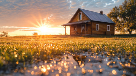 Charming rural house under a clear sky, water drops reflecting the sunlight, quiet and warm. generative aiの素材